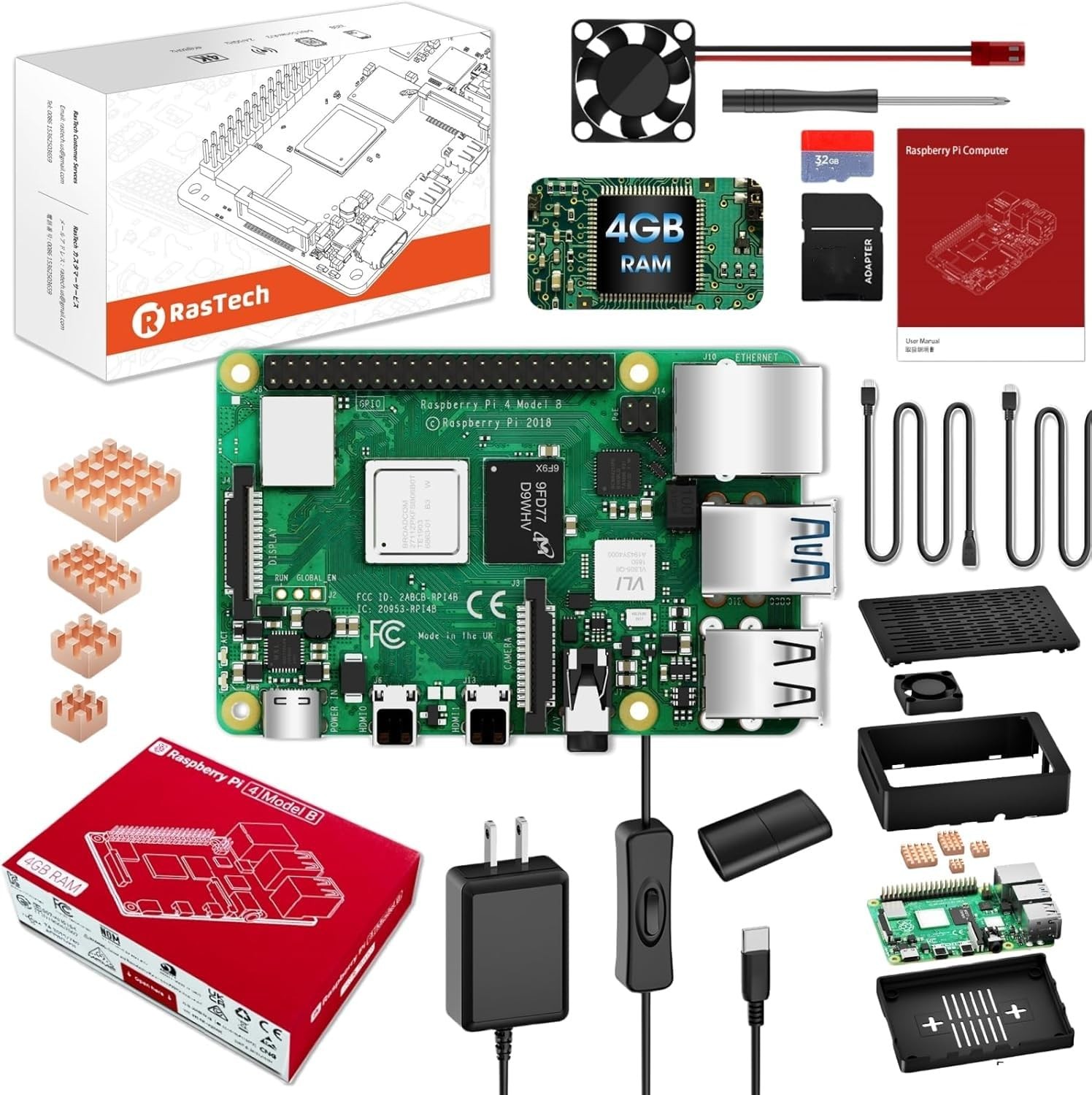 RasTech Raspberry Pi 4 4GB Starter Kit with Pi 4 4GB Board, 32GB Card 4 Copper