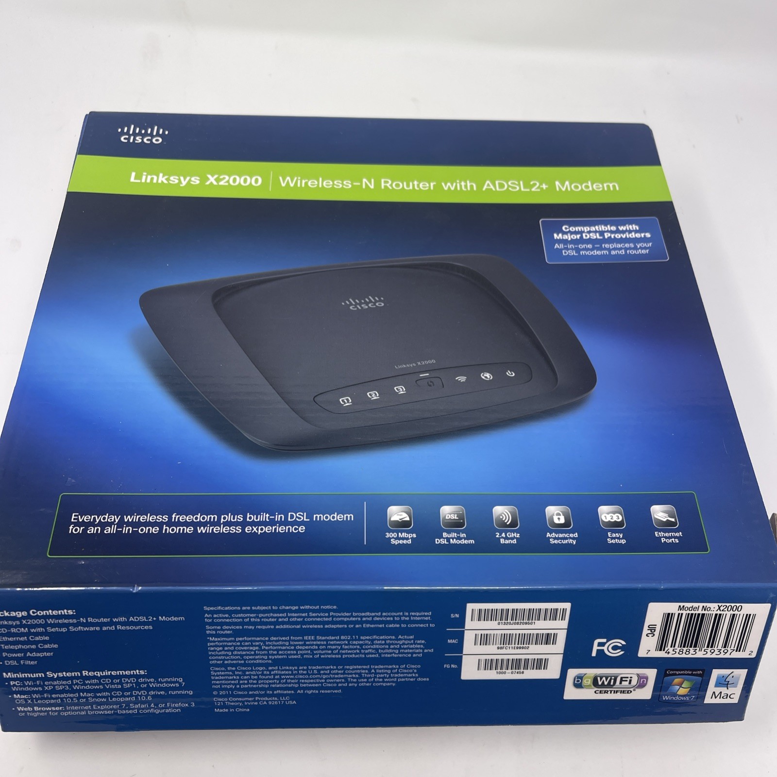 Cisco Linksys X2000 Wireless-N Router With ADSL2+ Modem 2.4Ghz