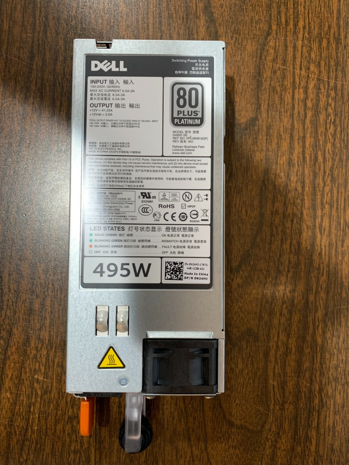 Dell PowerEdge R620 R720 495W 80 Plus Platinum server Power Supply N24MJ 0N24MJ