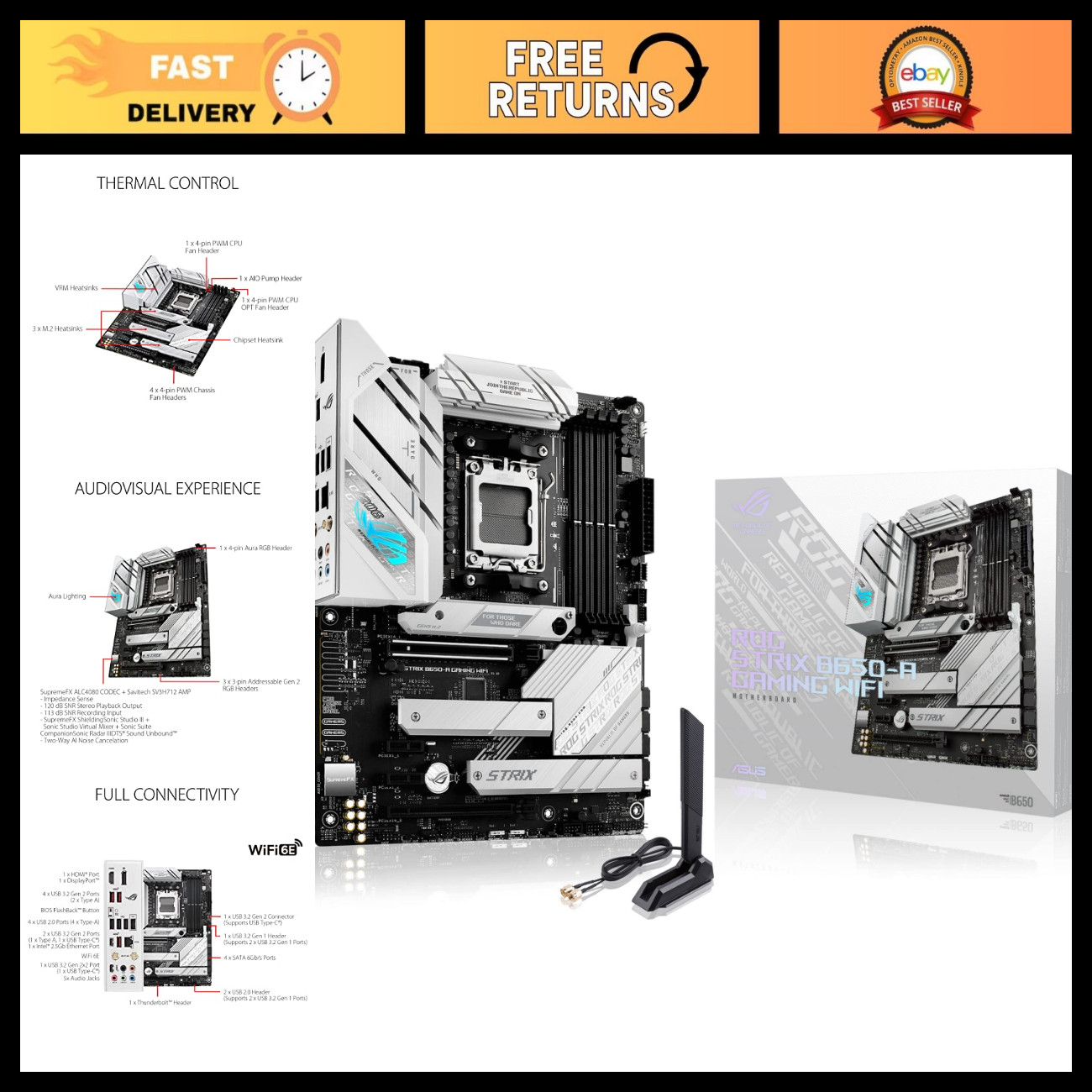 Gaming ATX Motherboard AM5 DDR5 WiFi 6E PCIe 4.0 3x M.2 2.5G LAN Aura Sync