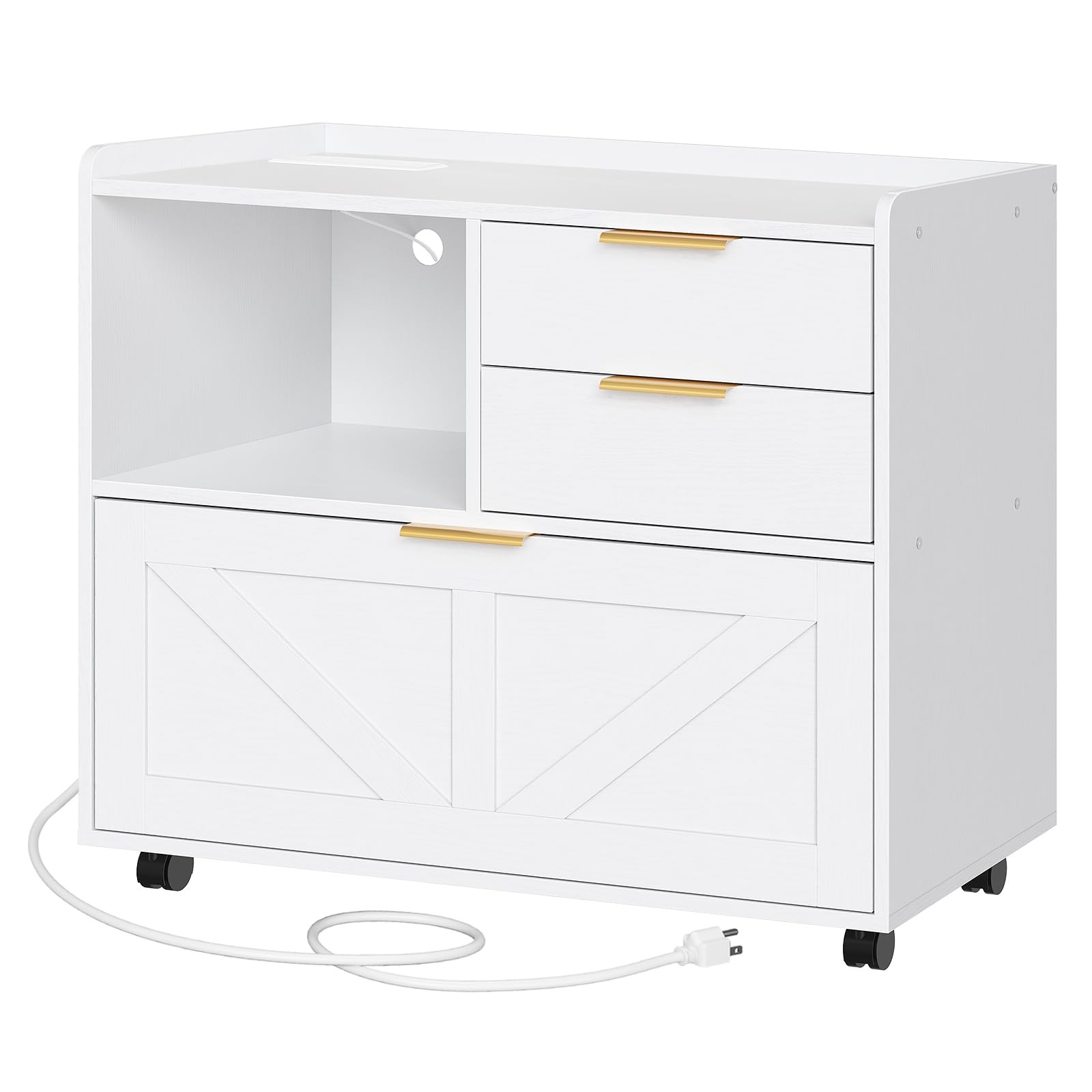 File Cabinet Wooden Lateral 4 Drawer Charging Station White WT37UWJ01 HOOBRO
