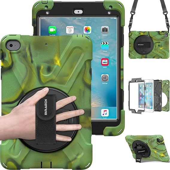 iPad Mini 4 Case, Camo, Rugged, Hand Strap, 60 Degree, Shoulder Strap, Kickstand