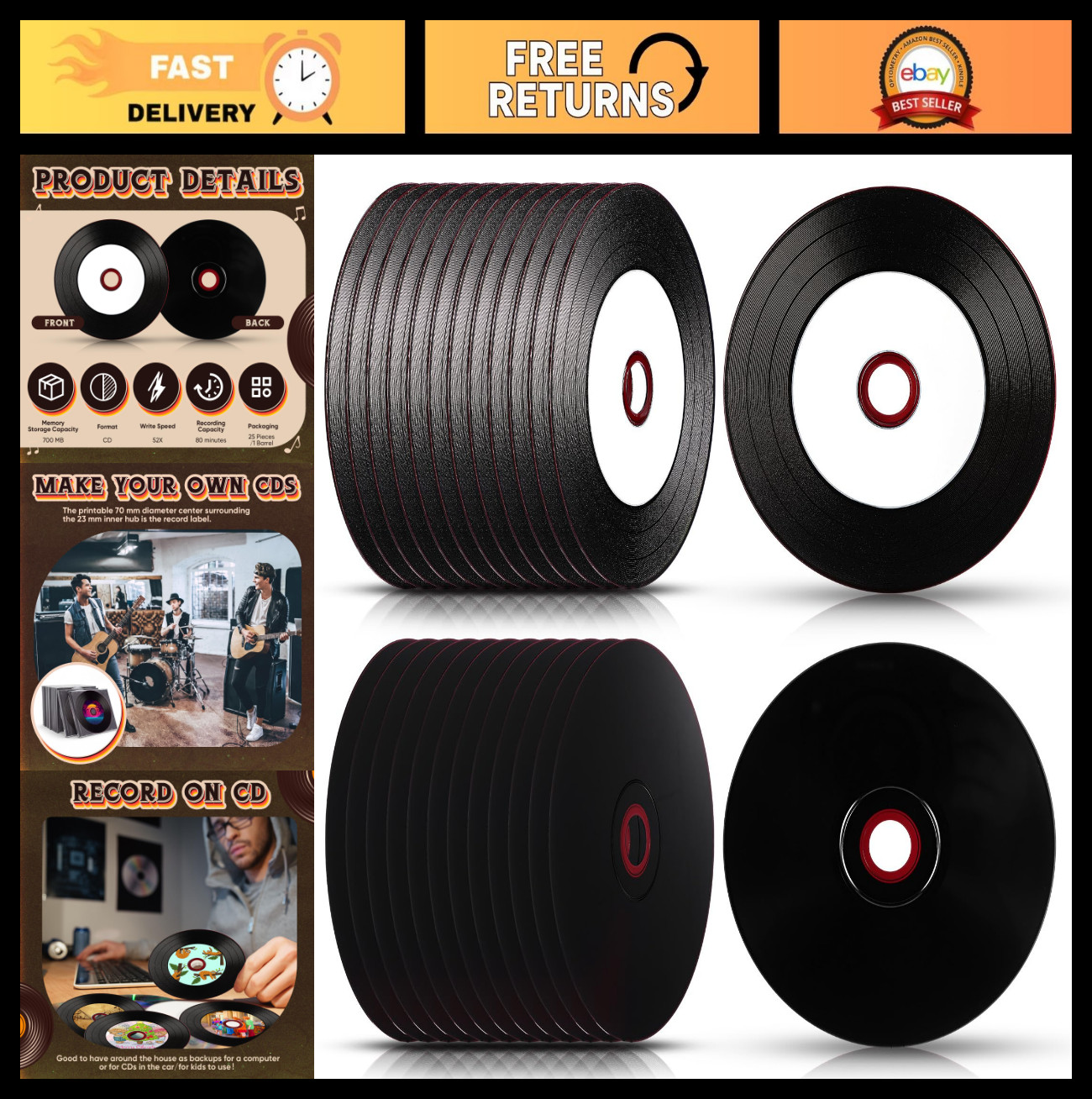 50 Pcs 700MB CD-R Blank Discs 80 Min 52x Inkjet Printable Music Data Storage