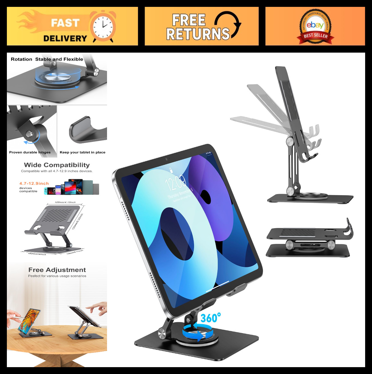 Adjustable Aluminum Swivel iPad Stand for Desk - Tablet Holder, Ergonomic Design