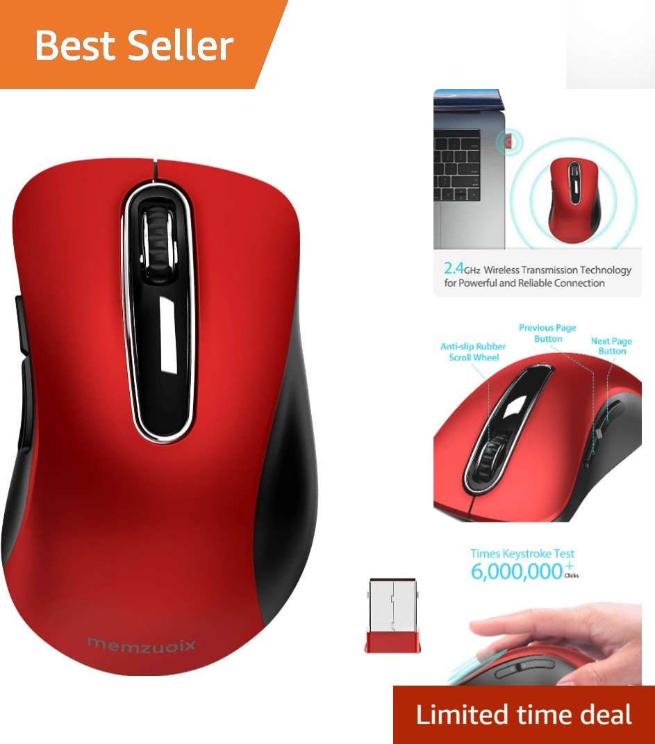 Red 2.4G Wireless Mouse - 1400 DPI Portable Optical Mouse, 5 Button Design