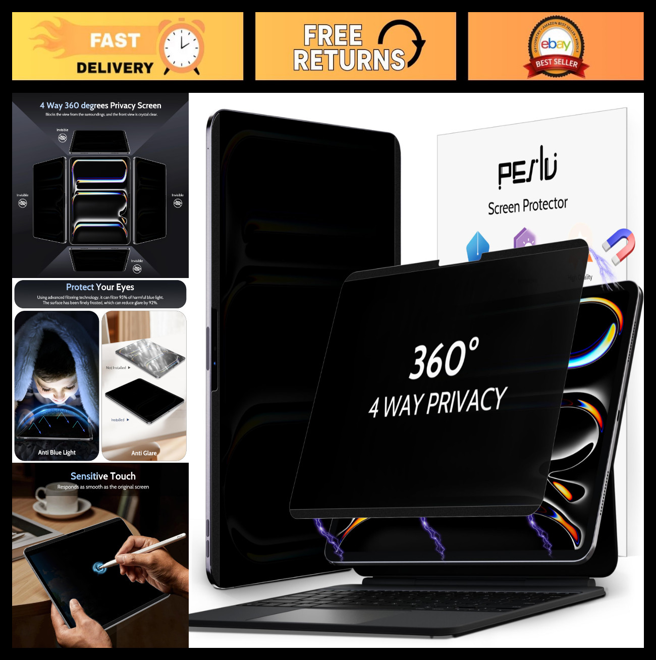 4-Way Magnetic Privacy Screen for iPad Pro 11" 2024/2025, Anti-Glare Spy Filter,