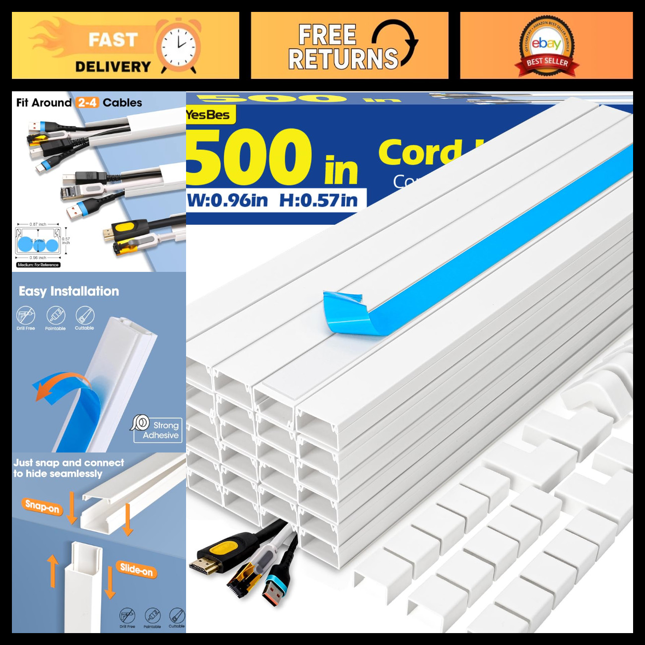 500in Cord Hider Kit - Paintable Cable Raceway, Wall Wire Covers for TV Cords