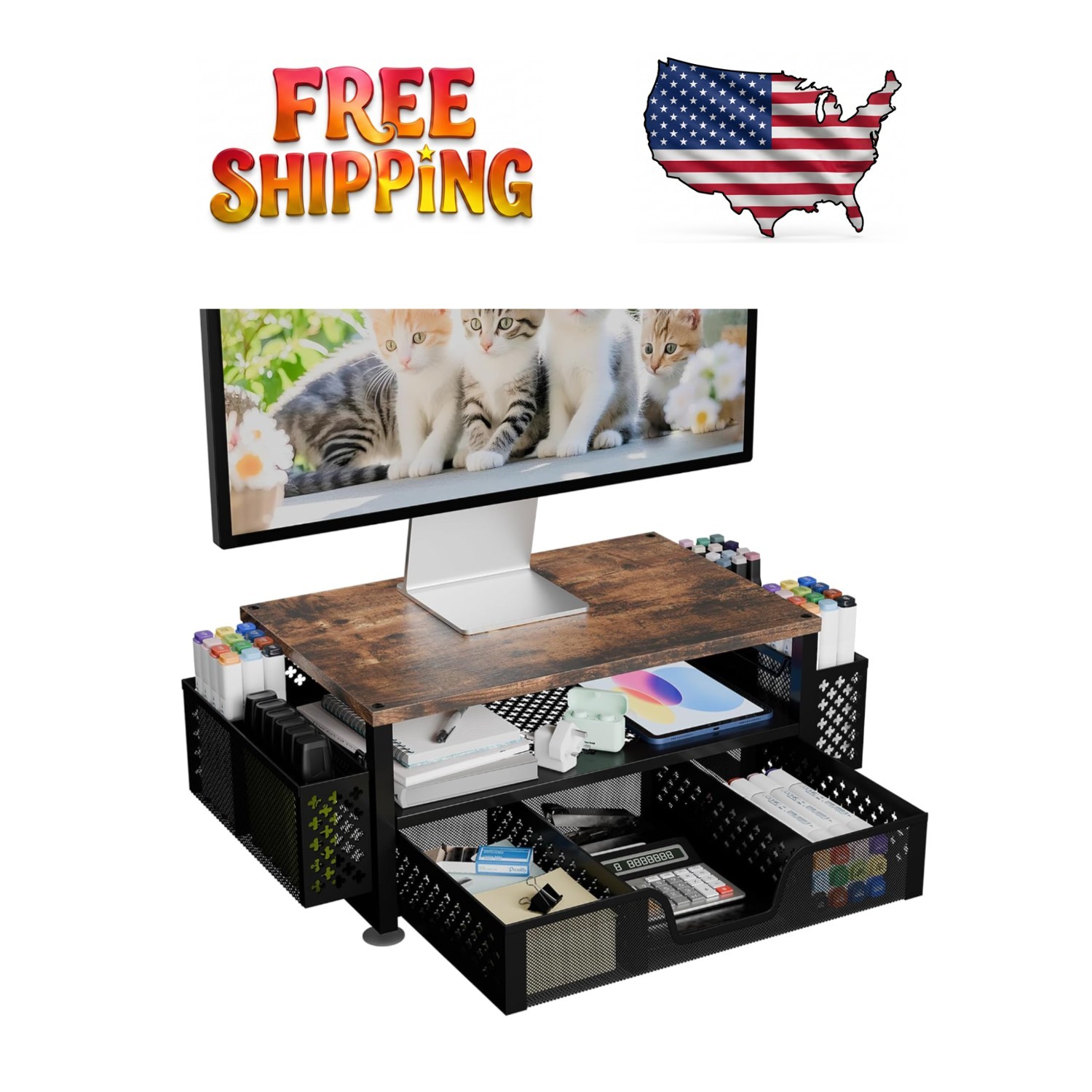 Compact 2-Tier Monitor Riser with Built-In Drawer & Pen Holder - 33 lbs Support