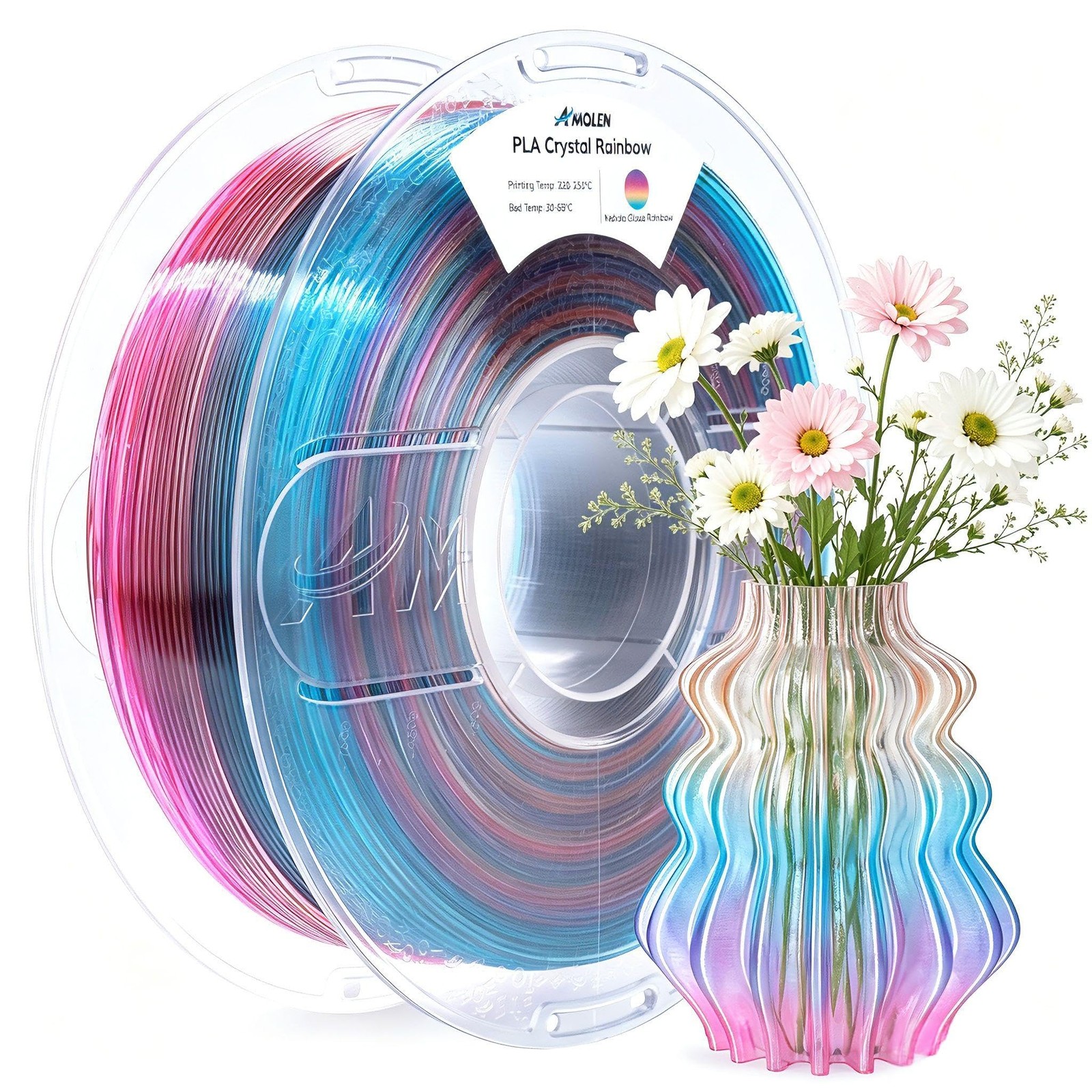AMOLEN Translucent PLA 3D Printer Filament 1.75mm, Crystal Rainbow, 1KG