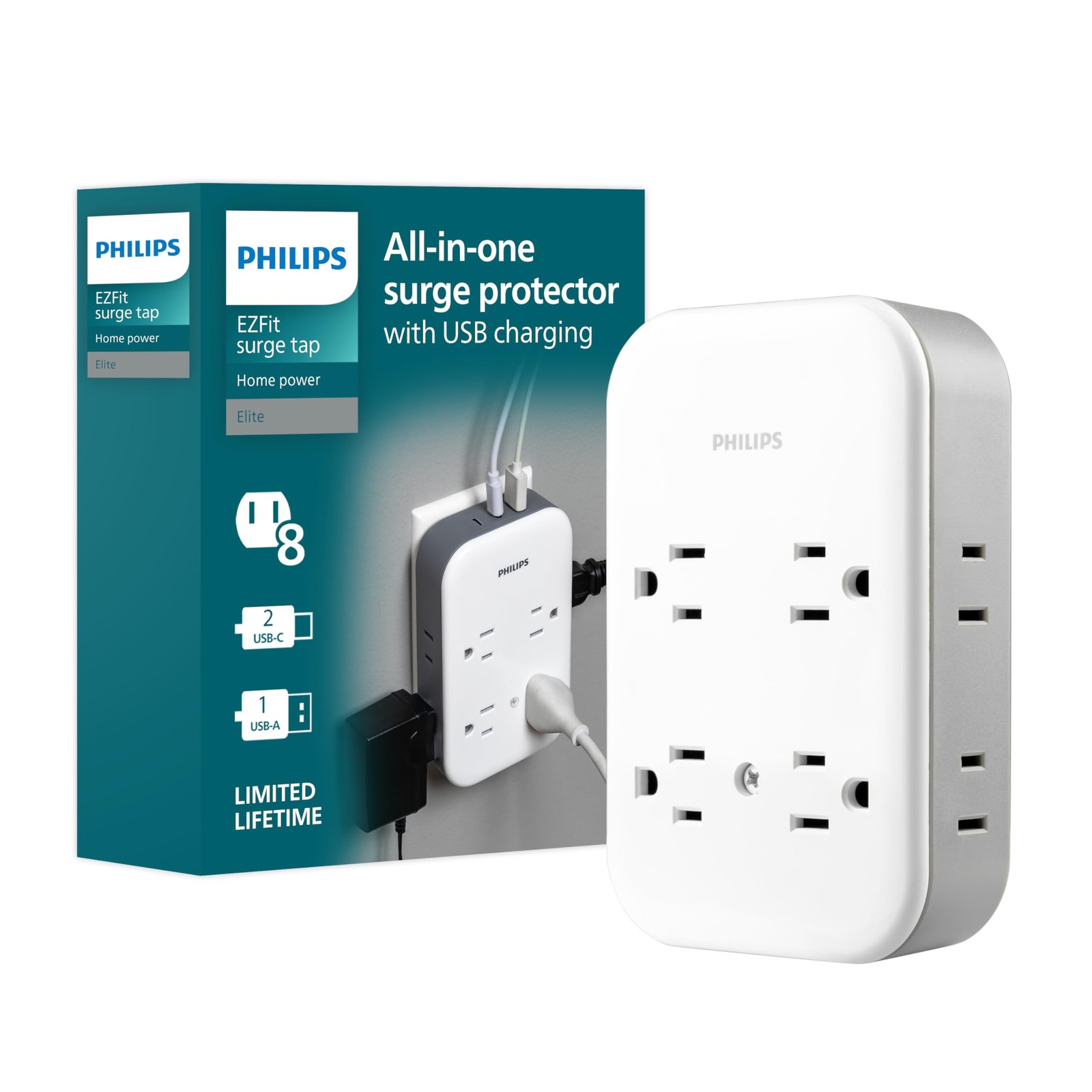 Philips All-in-One Surge Tap with USB, 4 Grounded & 4 Polarized Outlets