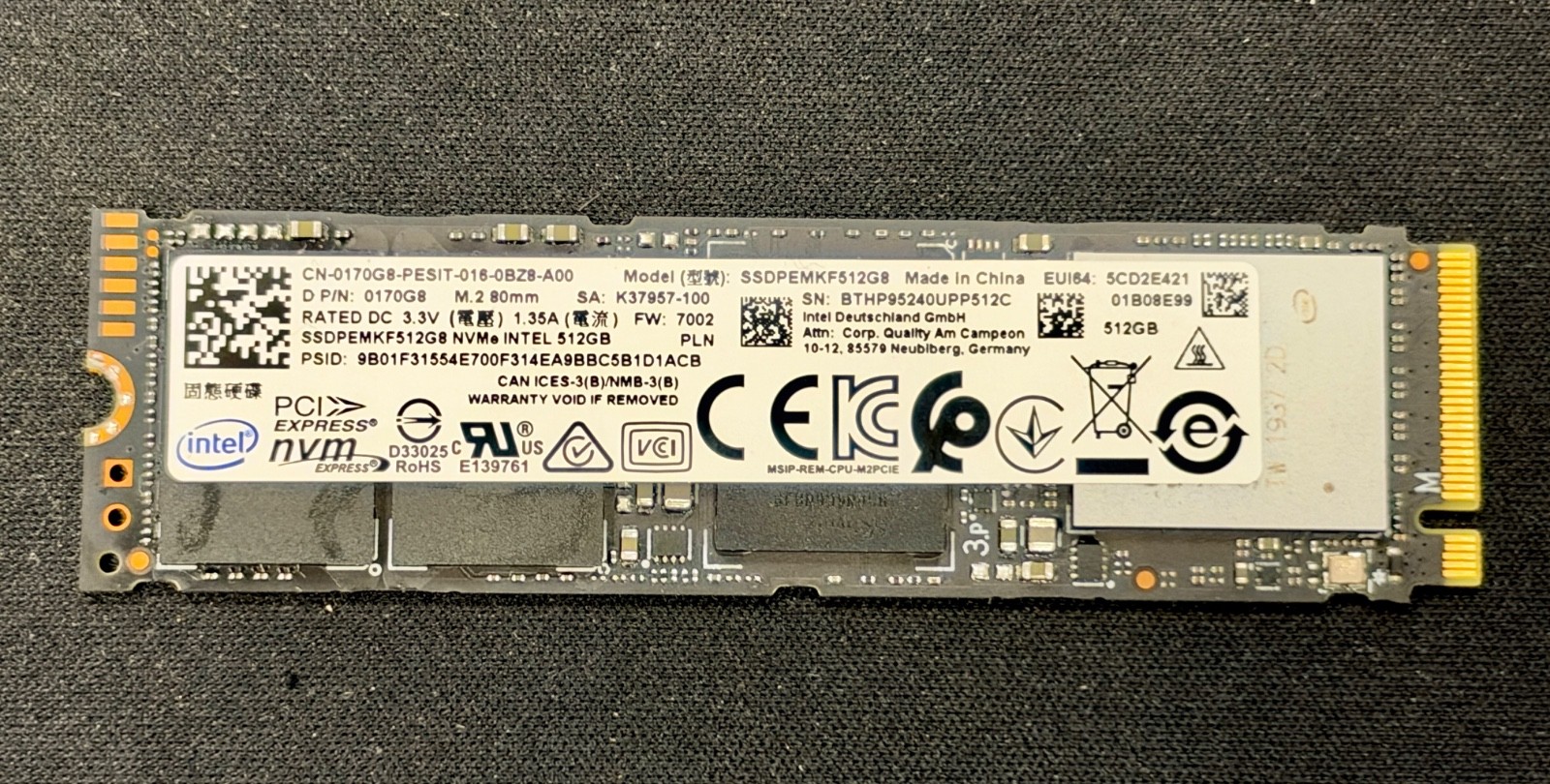 Intel 512GB M.2 NVMe Internal Laptop SSD Tested Wiped SSDPEMKF512GB