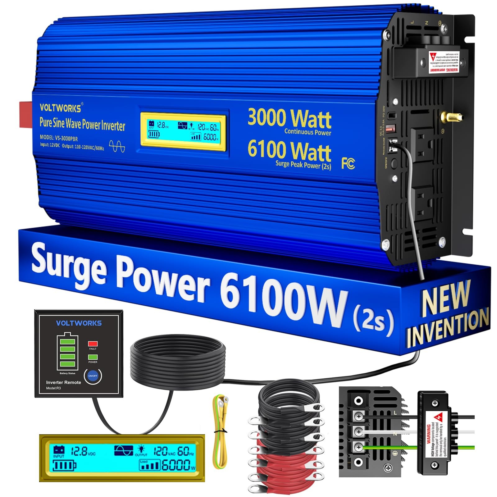 3000 Watt Pure Sine Wave Power Inverter 12V to 110V 120V AC, Car Off-Grid