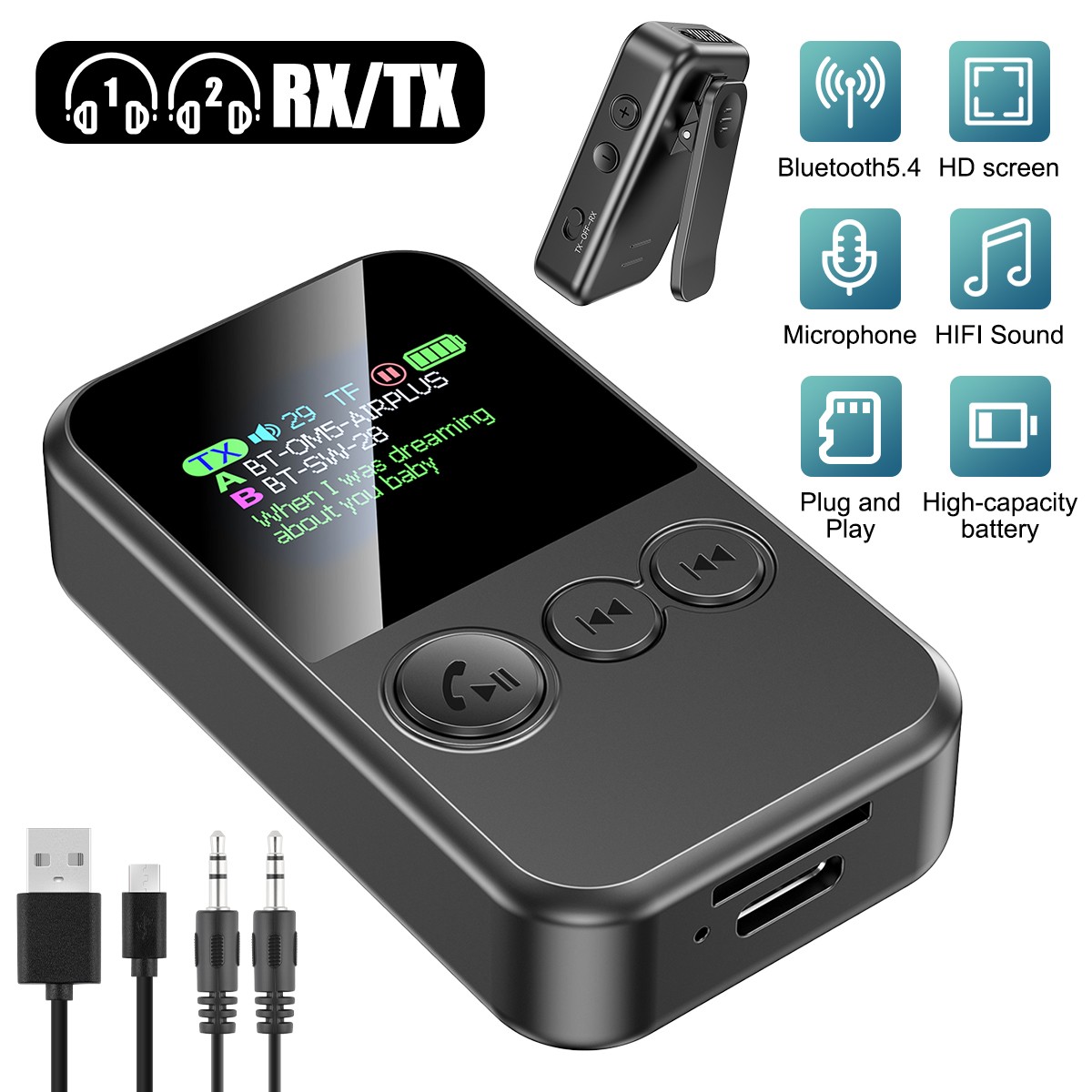 Bluetooth 5.4 Transmitter Receiver Wireless Audio 3.5mm AUX Adapter MP3 Player.