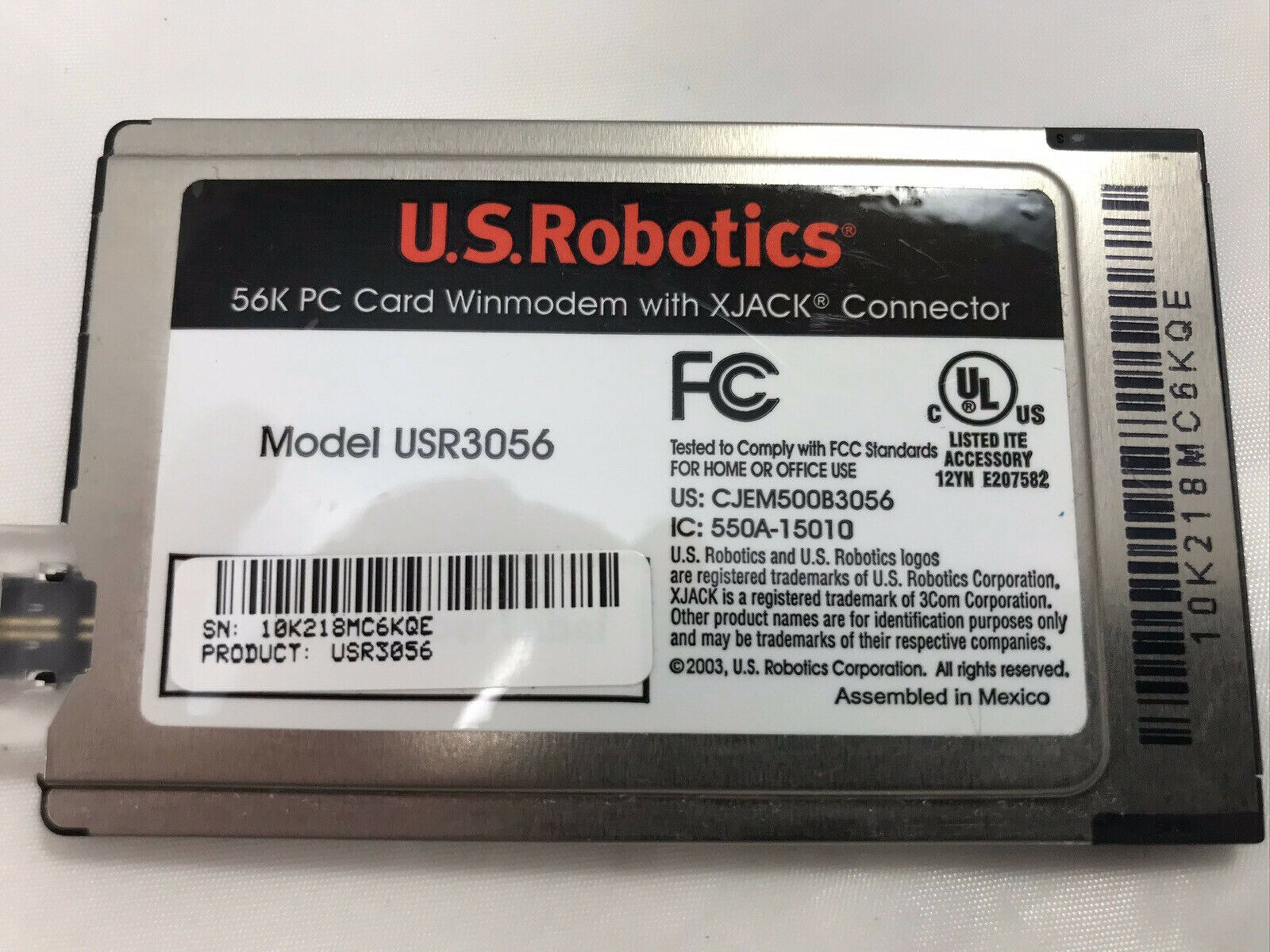 US Robotics USR3056 56K Winmodem PCMCIA PC Card w/ XJACK Connector
