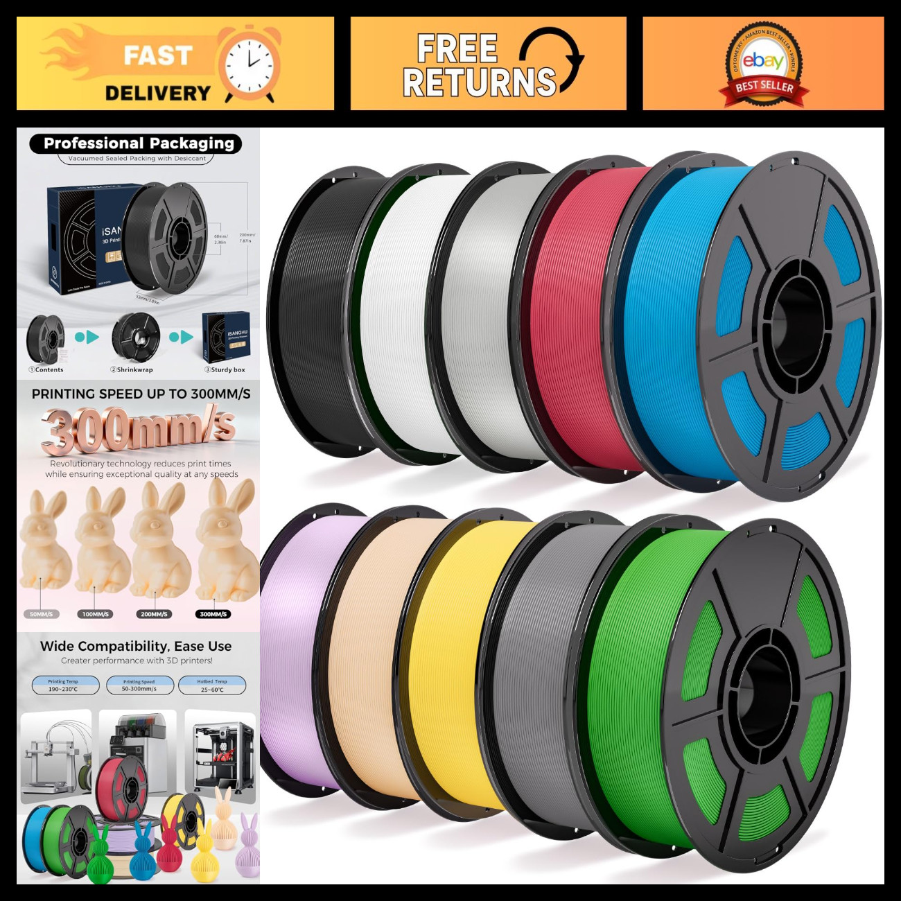 10KG PLA 3D Printer Filament Bundle - High Speed 30-300mm/s for AMS & Lite