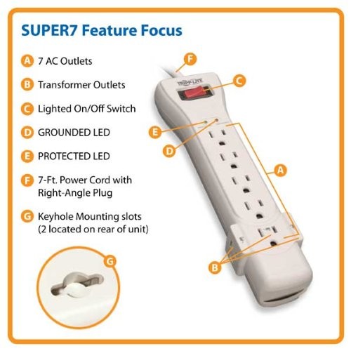 Tripp Lite SUPER-7 Outlet Surge Protector Power Strip 7ft Cord Right Angle Plug