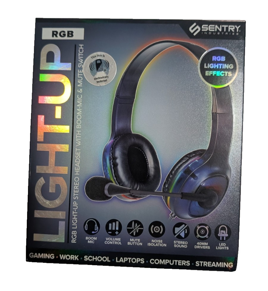 Sentry Industries RGB Light up Stereo Headset With Boom-Mic & Mute Switch NIB
