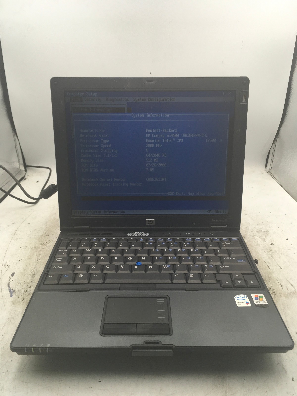 HP COMPAQ NC4400 - BOOTS TO BIOS - INTEL CENTRINO - 512MB RAM - READ DESCRIP -BB