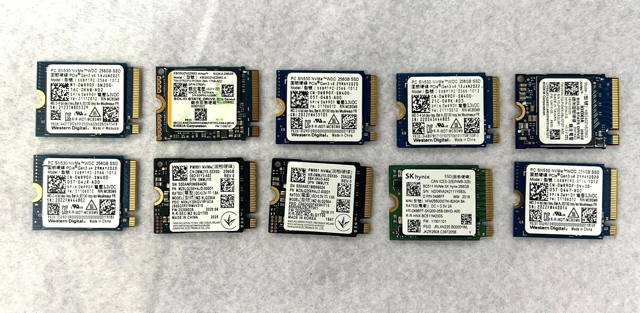LOT OF 10 Pcs  Mixed Brands, 256GB M.2 NVMe SSD Drive  2230 TESTED GOOD