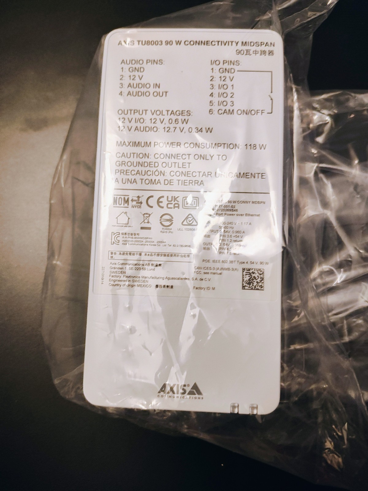 Axis TU8003 90 W Connectivity Midspan PoE Injector SFP I/O New Out of Box