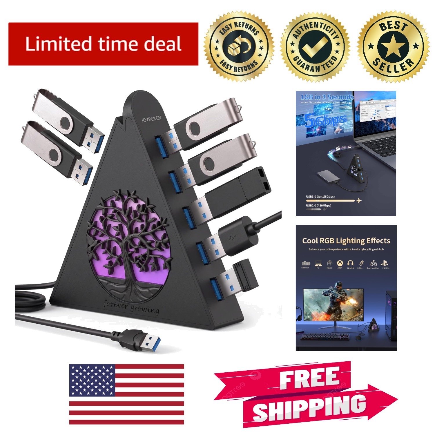 Effortless Connectivity: 7-Port USB 3.0 Hub with RGB for PC, Laptop & Consoles