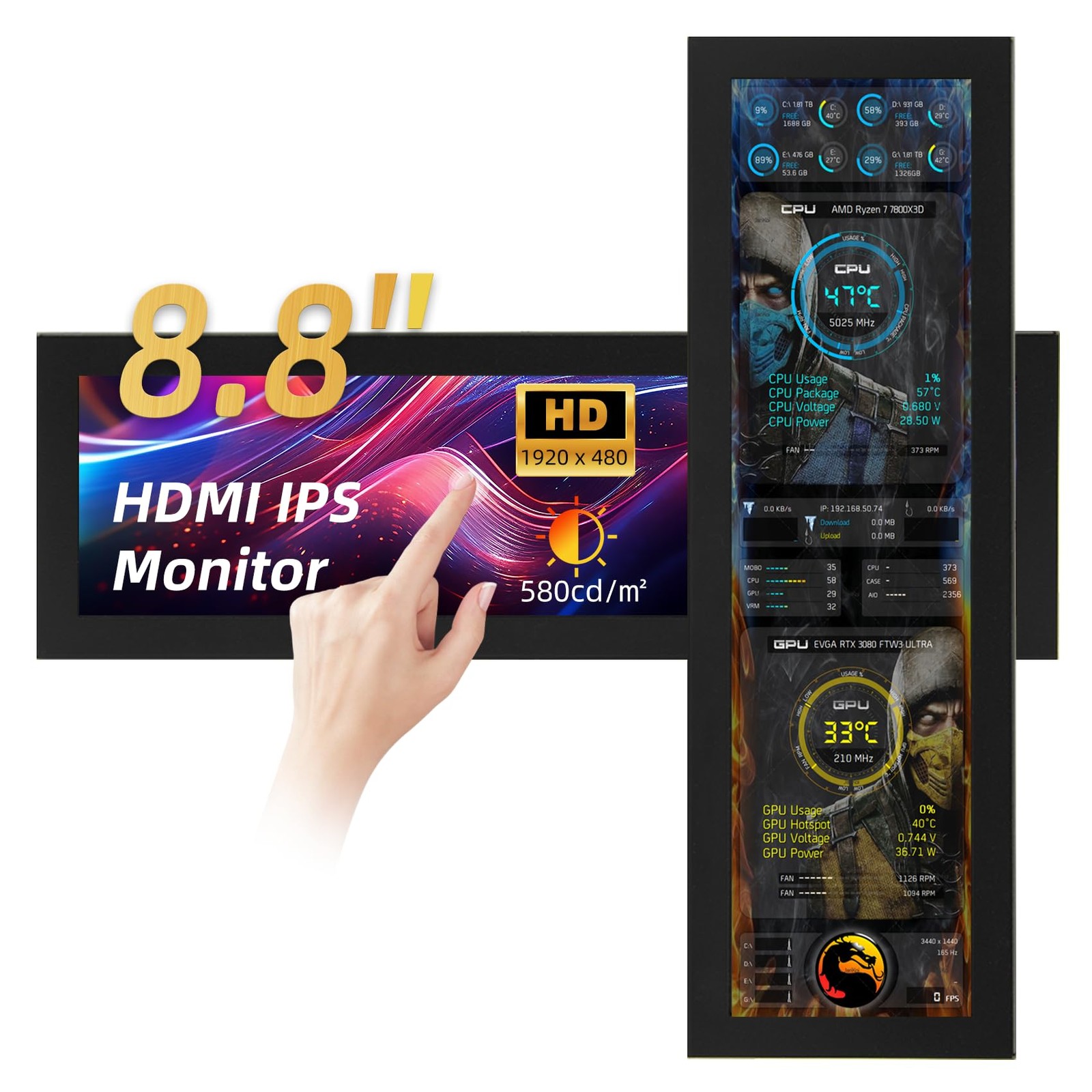 iPitstBit 8.8 Inch Touchscreen Monitor, 1920x480 PC Temperature Display, PC S...