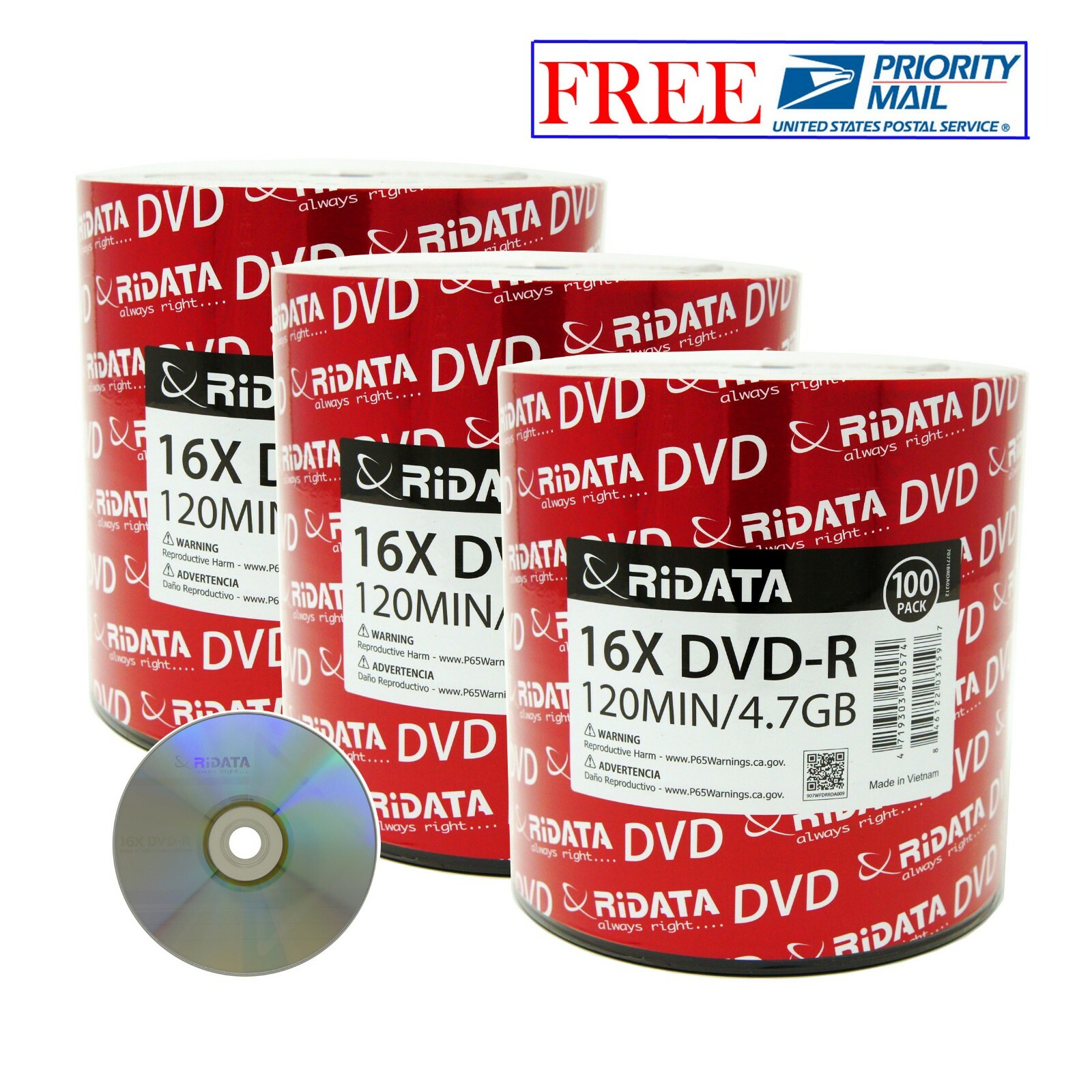 300 Pack Ridata DVD-R 16X 4.7GB 120 Min Silver Logo Top Blank Recordable Disc