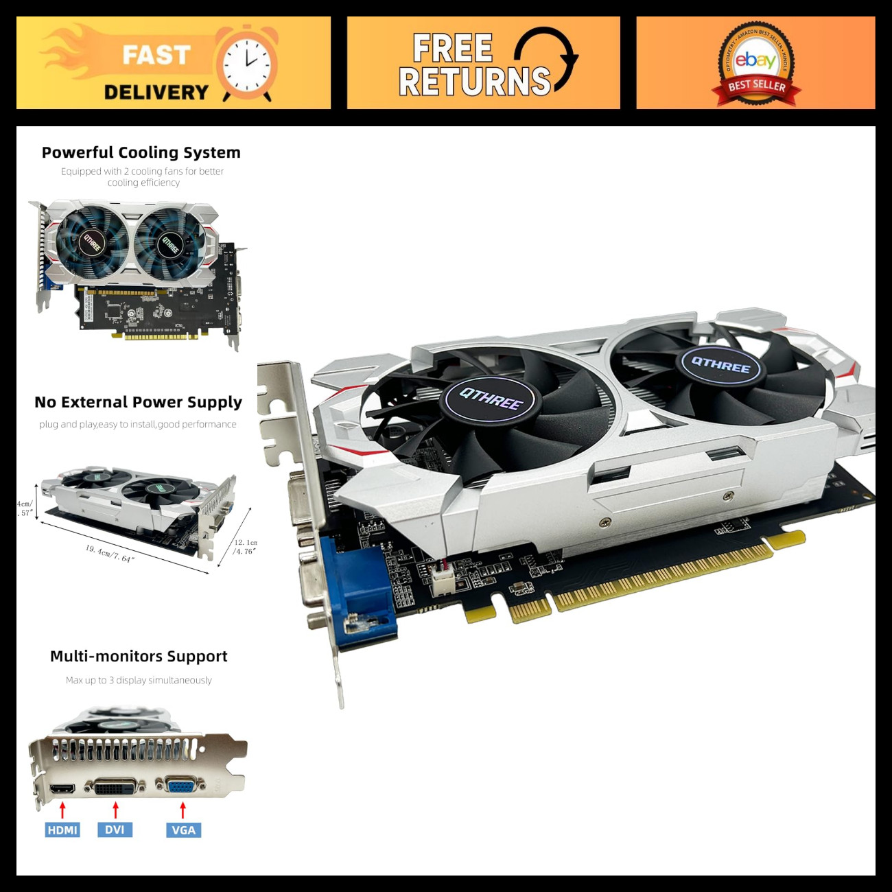 4GB Graphics Card GTX 750 Ti, GDDR5, HDMI, DVI, VGA, PCIe x16, Dual Fans, Direct