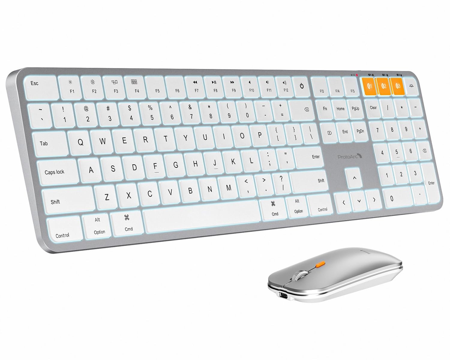 ProtoArc KM100-A Backlit Bluetooth Keyboard and Mouse Full Size, White Silver
