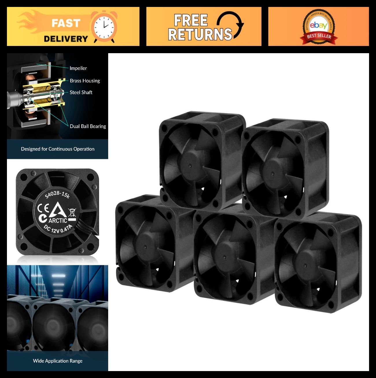 40x40x28mm PWM Fan (5 Pack) - 1400-15000 RPM, 4-Pin Connector, 12V DC - Black