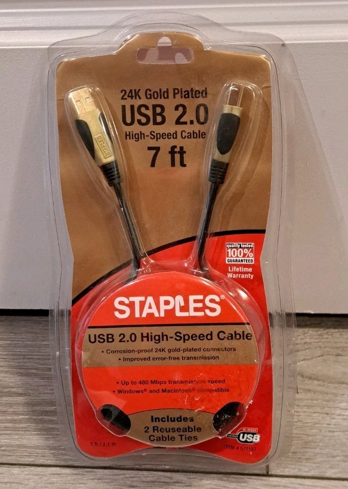 BRAND NEW Staples 24K Gold Plated USB 2.0 High-Speed Cable 7ft (2004)