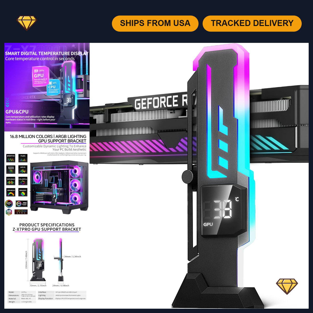 Adjustable ARGB GPU Support Bracket with Temp Display, Non-Slip Base, Universal