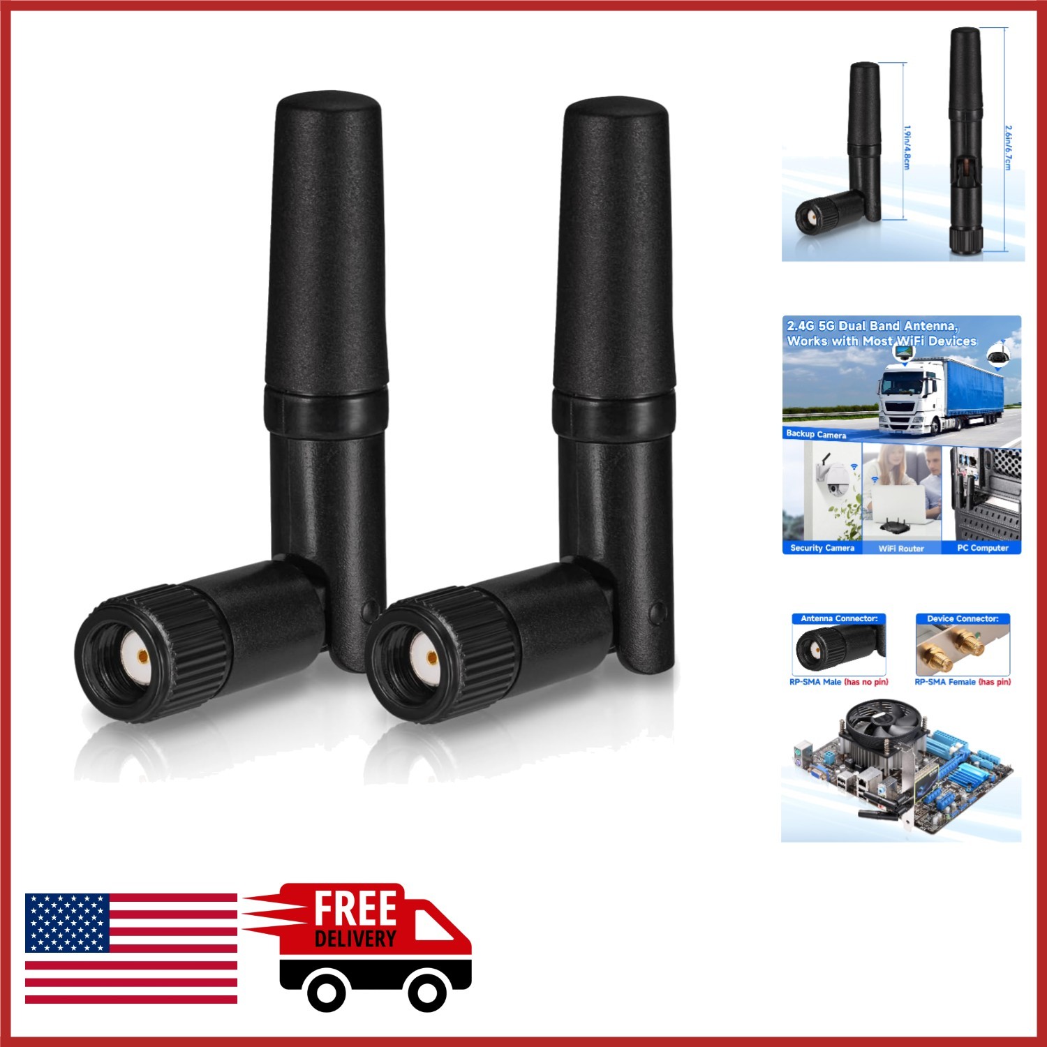 Compact Dual Band WiFi Antenna 2-Pack 2.4GHz 5GHz for Gaming PC Router