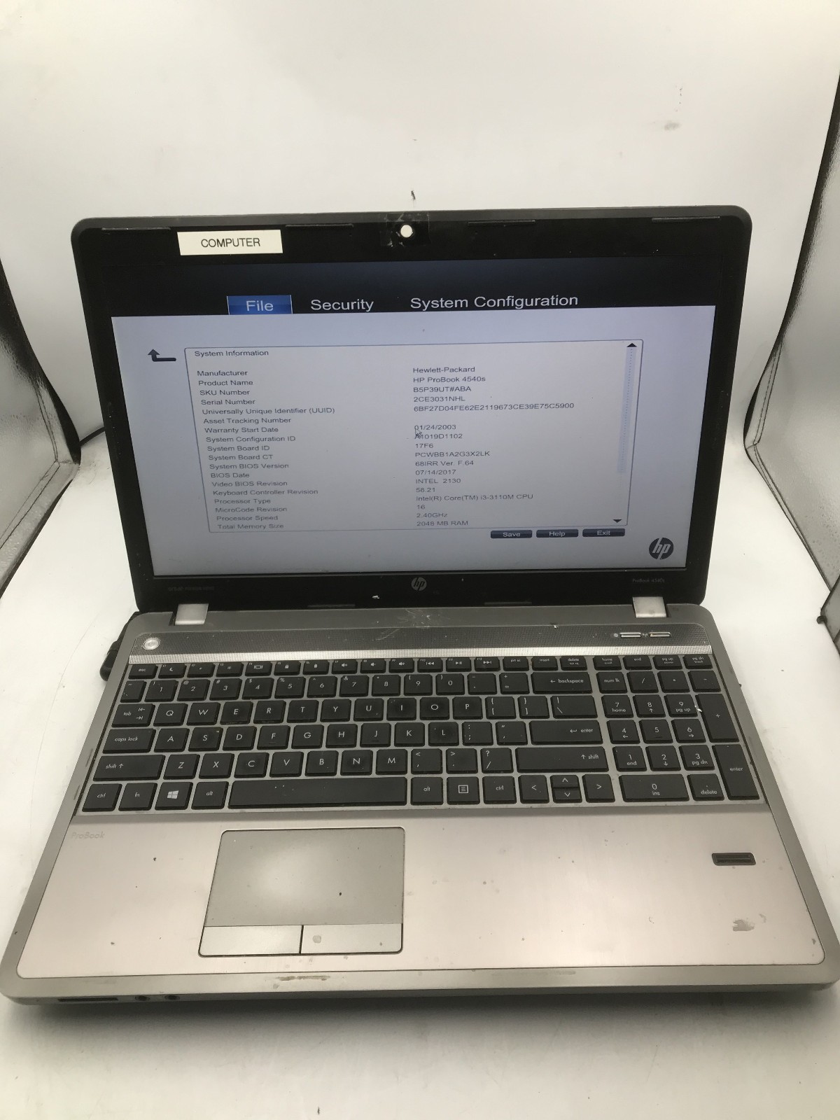 HP PROBOOK 4540S - BOOTS TO BIOS - INTEL I3 3110M - NO RAM - READ DESCRIP - BB
