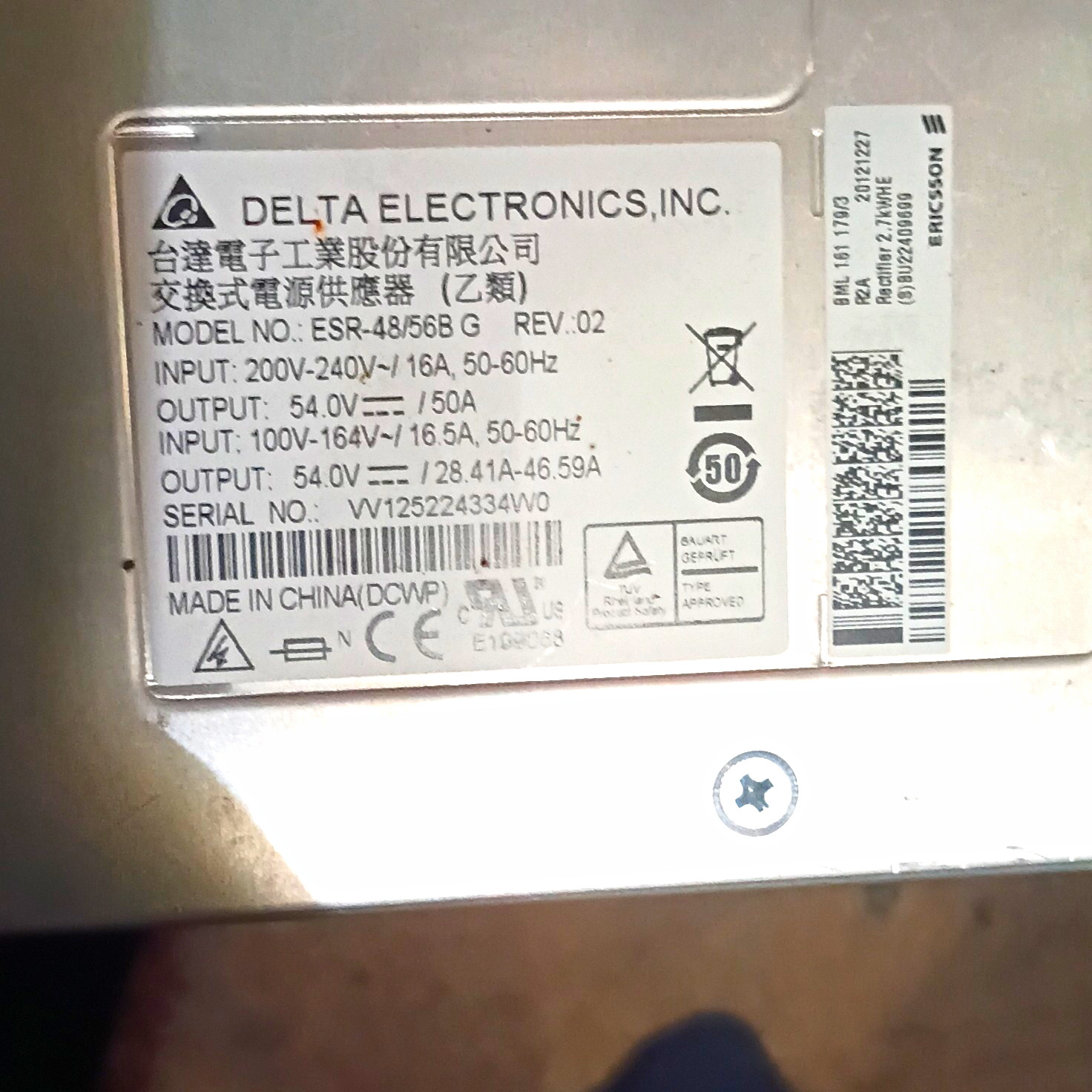 Delta ESR-48/56B-G Rev 02 Telecom Power Supply Rectifier Module 54V 53.7A 2700W
