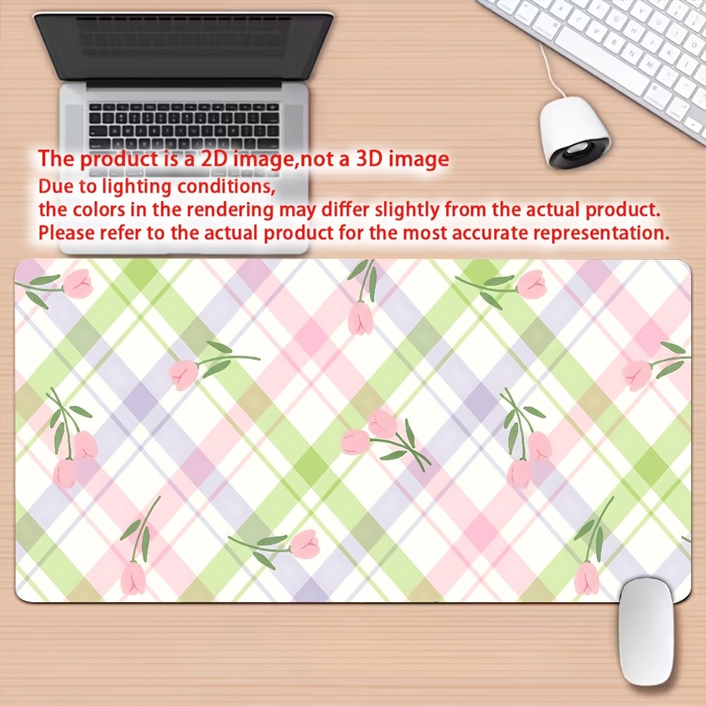 2D Pastel Pink Tulip Plaid Desk Mat Gaming Mouse Pad 1pc - Non-Slip Rubber Bas