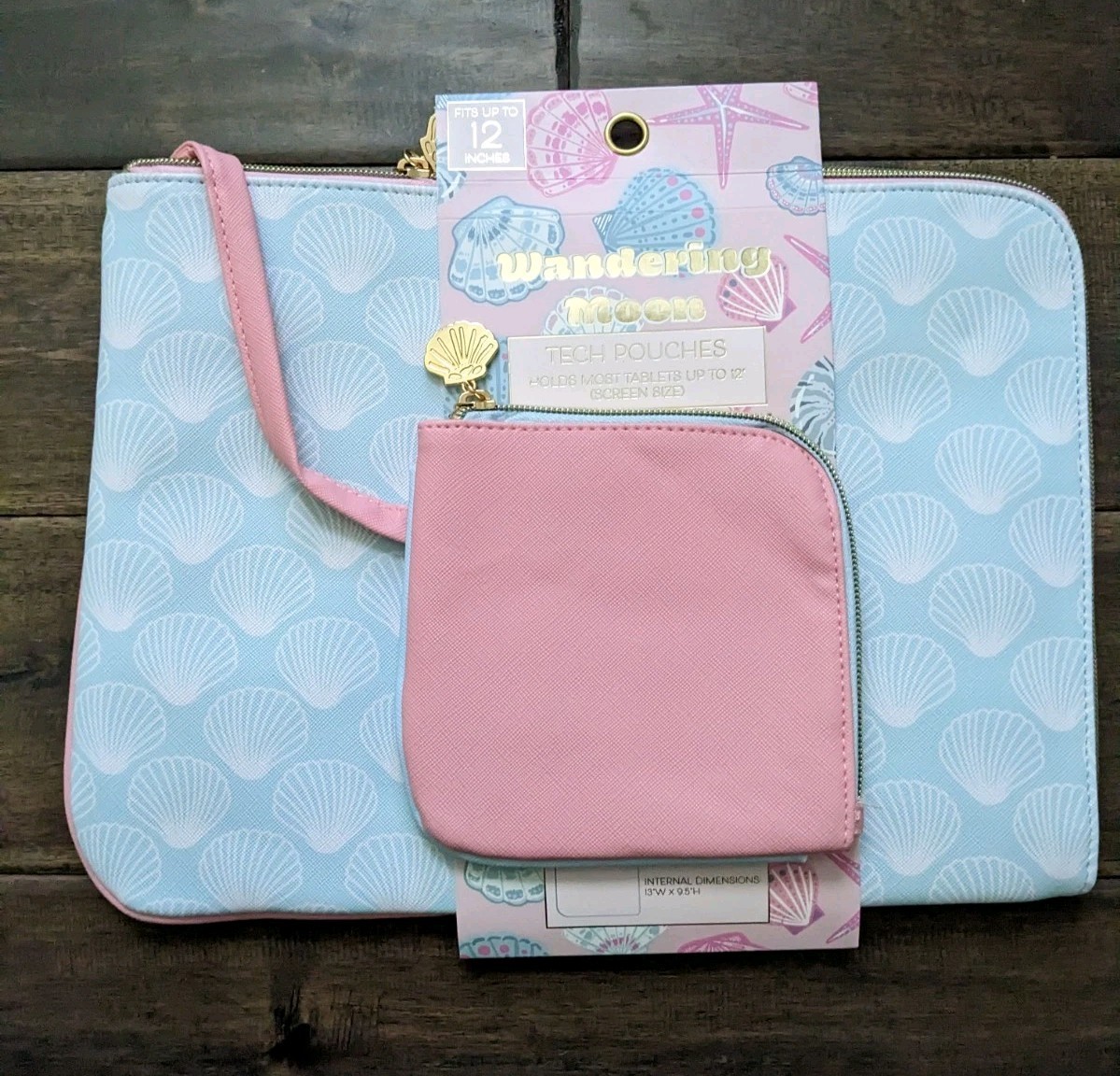 Wandering Moon TECH POUCHES NEW Tablets up to 12" Sea Shells Clams Pink Blue