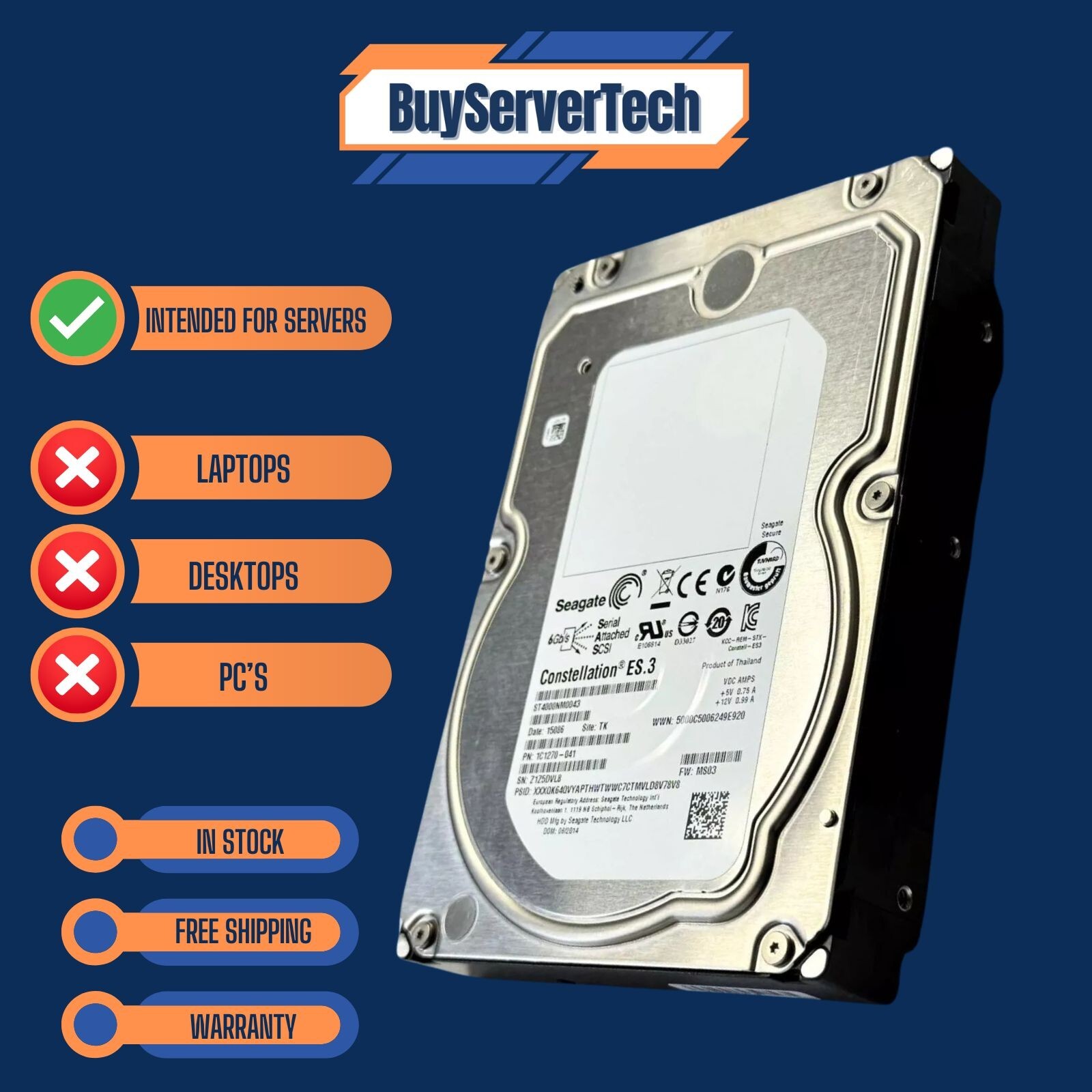 Seagate ST4000NM0043 4TB 7200RPM 128MB SAS 6Gb/s 3.5" Enterprise HDD SED