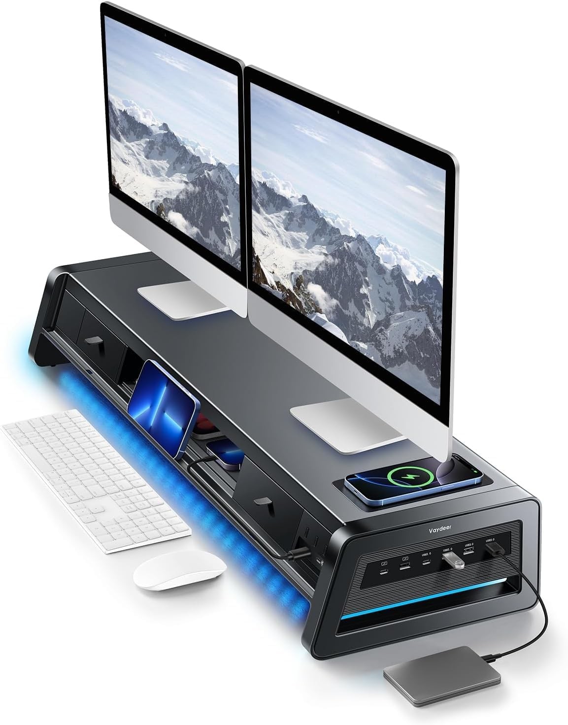 Dual Monitor Riser Stand w/ Drawers & USB Ports