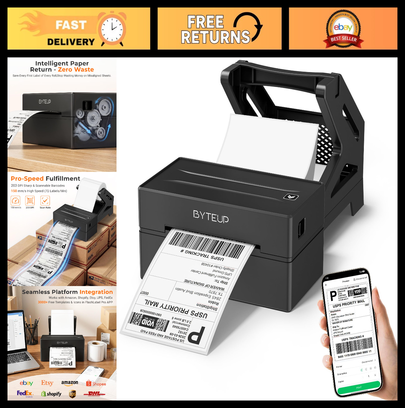Wireless 4x6 Bluetooth Thermal Label Printer | Inkless, High Speed 203DPI, for i
