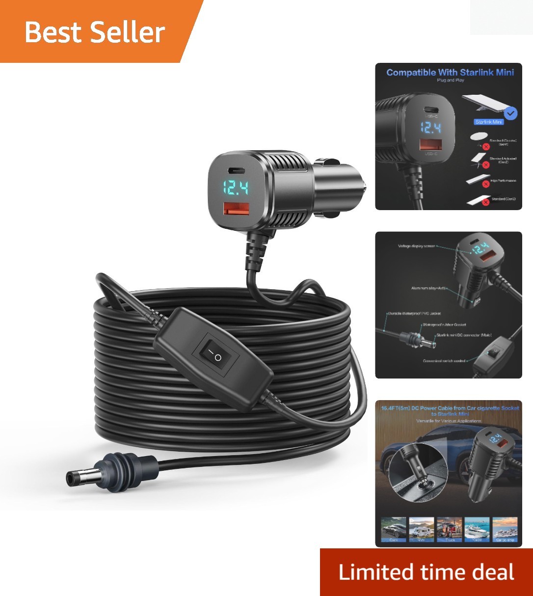 16.4FT Starlink Mini Power Cable: 3-in-1 Car Charger with Digital Monitor