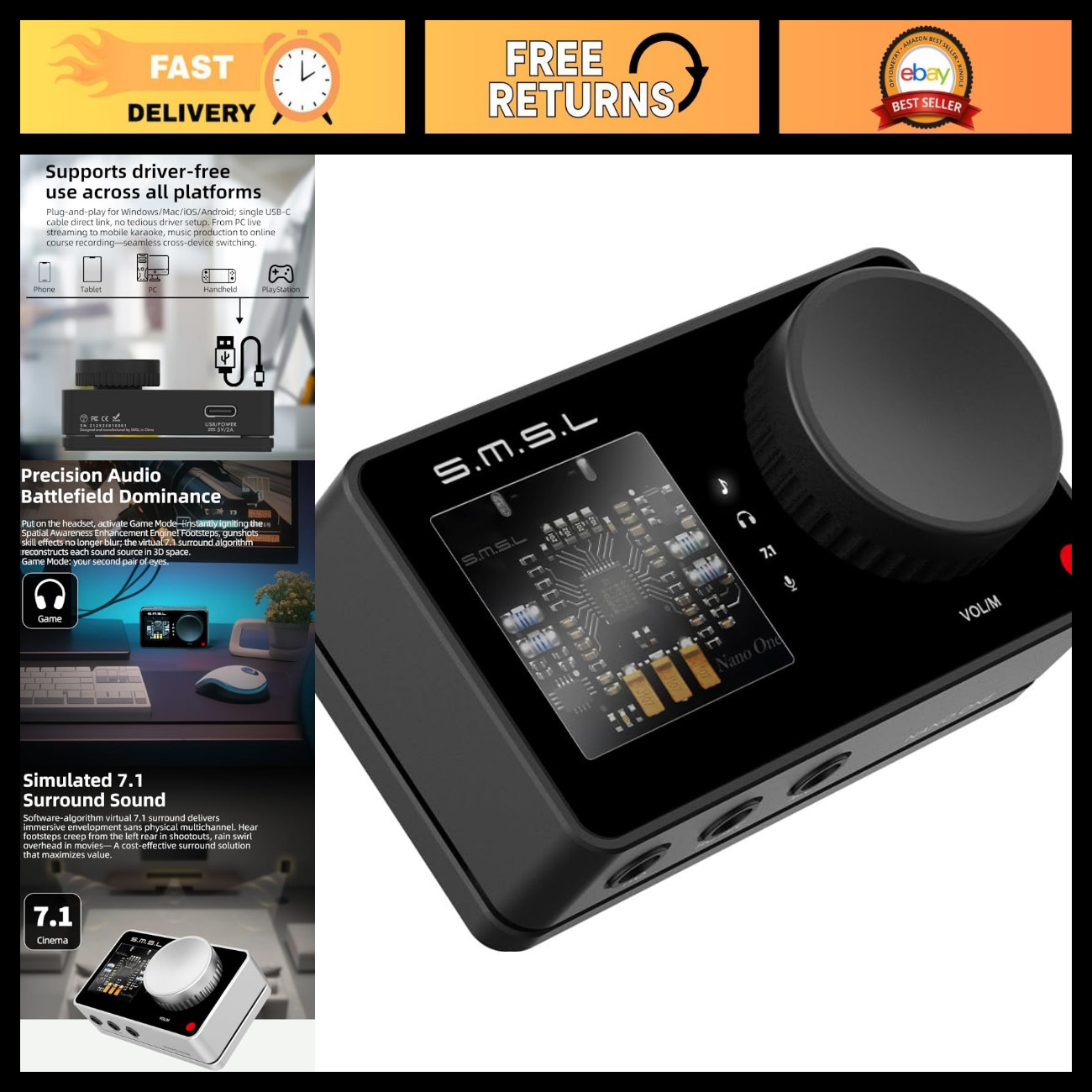 Hi-Fi External Sound Card, Virtual 7.1 Surround Sound, DSP Chip, Plug & Play, fo