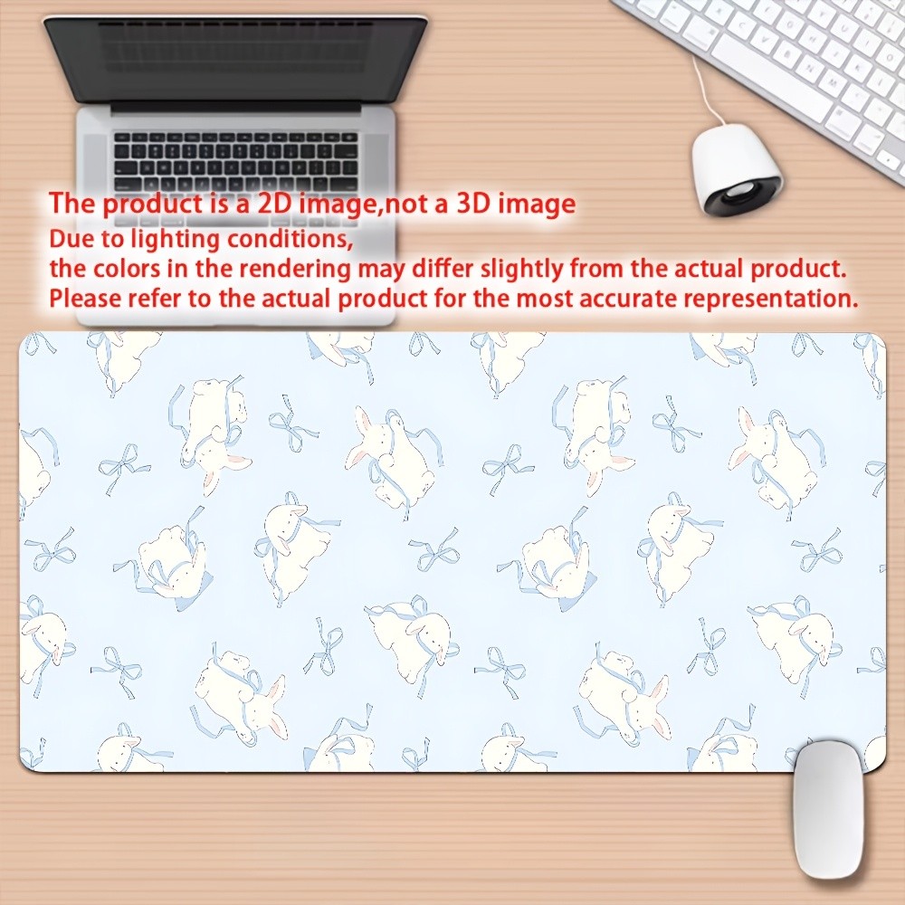 2D Flat Light Blue Ribbon Bunny Desk Mat Gaming Mouse Pad 1pc - Non-Slip Rubbe