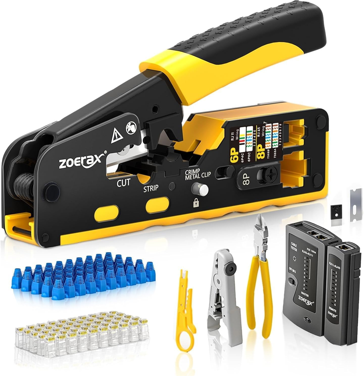 RJ45 Pass-Through Crimping Tool Kit for Cat7, Cat6, Cat5 – Includes Cable Tester