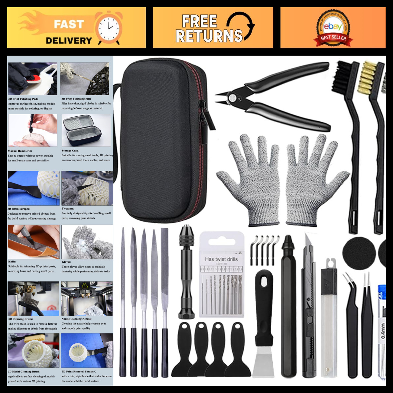 62PCS 3D Printer Tool Kit - Deburring Tool, Needle Files, Hand Drill & Accessori