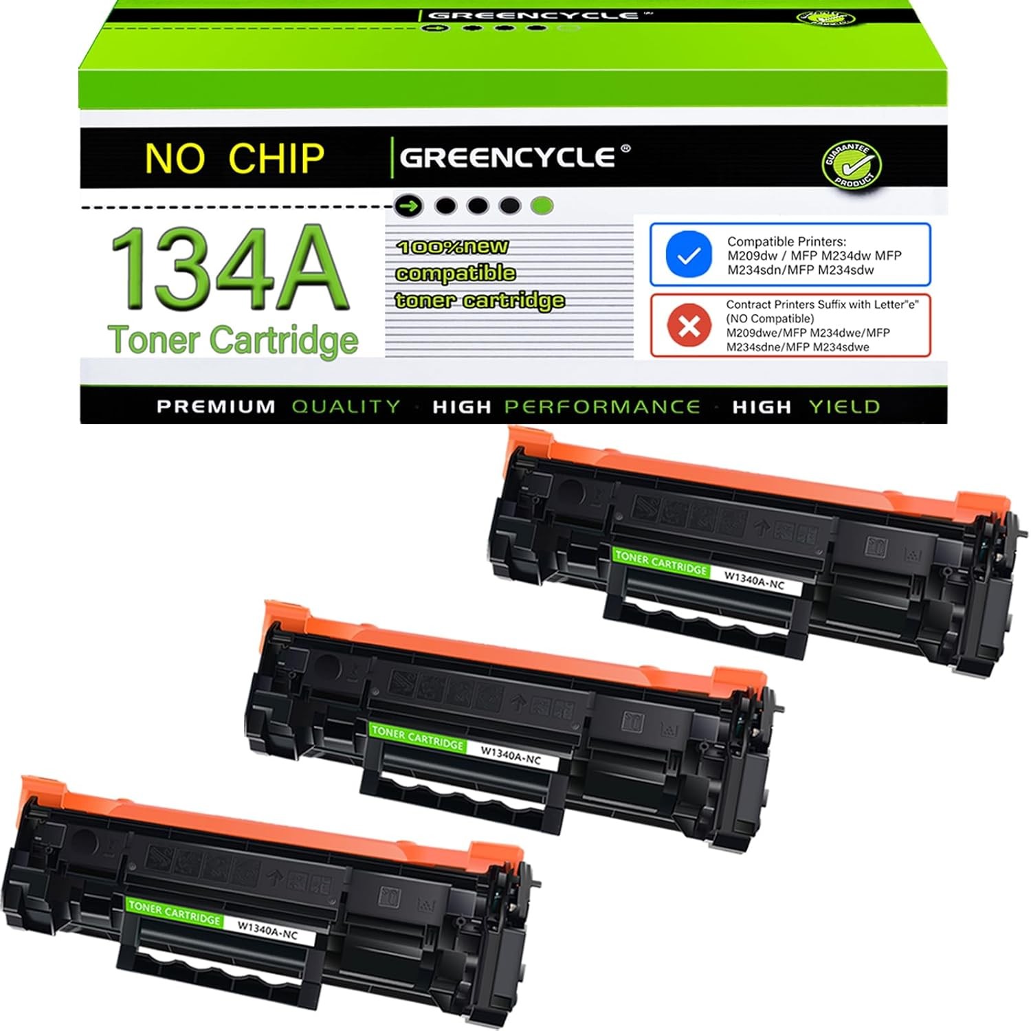 GREENCYCLE 3PK W1340A Toner Cartridge Fit For HP 134A M209dwe MFP M234sdn NoChip