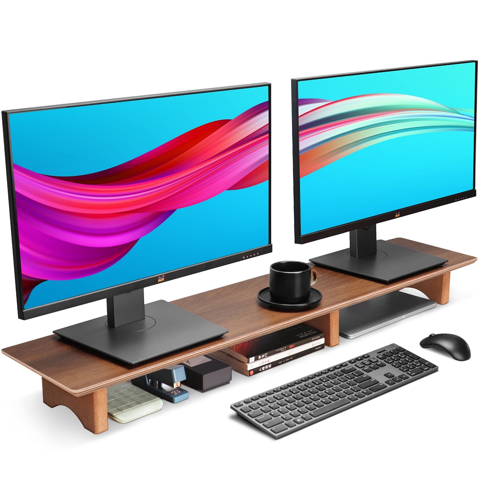 Dual Monitor Stand for Desk - 43" Black Walnut Finish, Cork Legs, Adjustable Hei