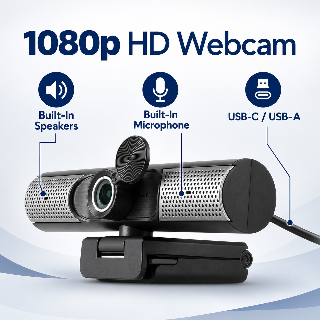 Aluratek AWCS06F 1080p HD Webcam USB-C USB-A Built-In Speakers & Mic Black