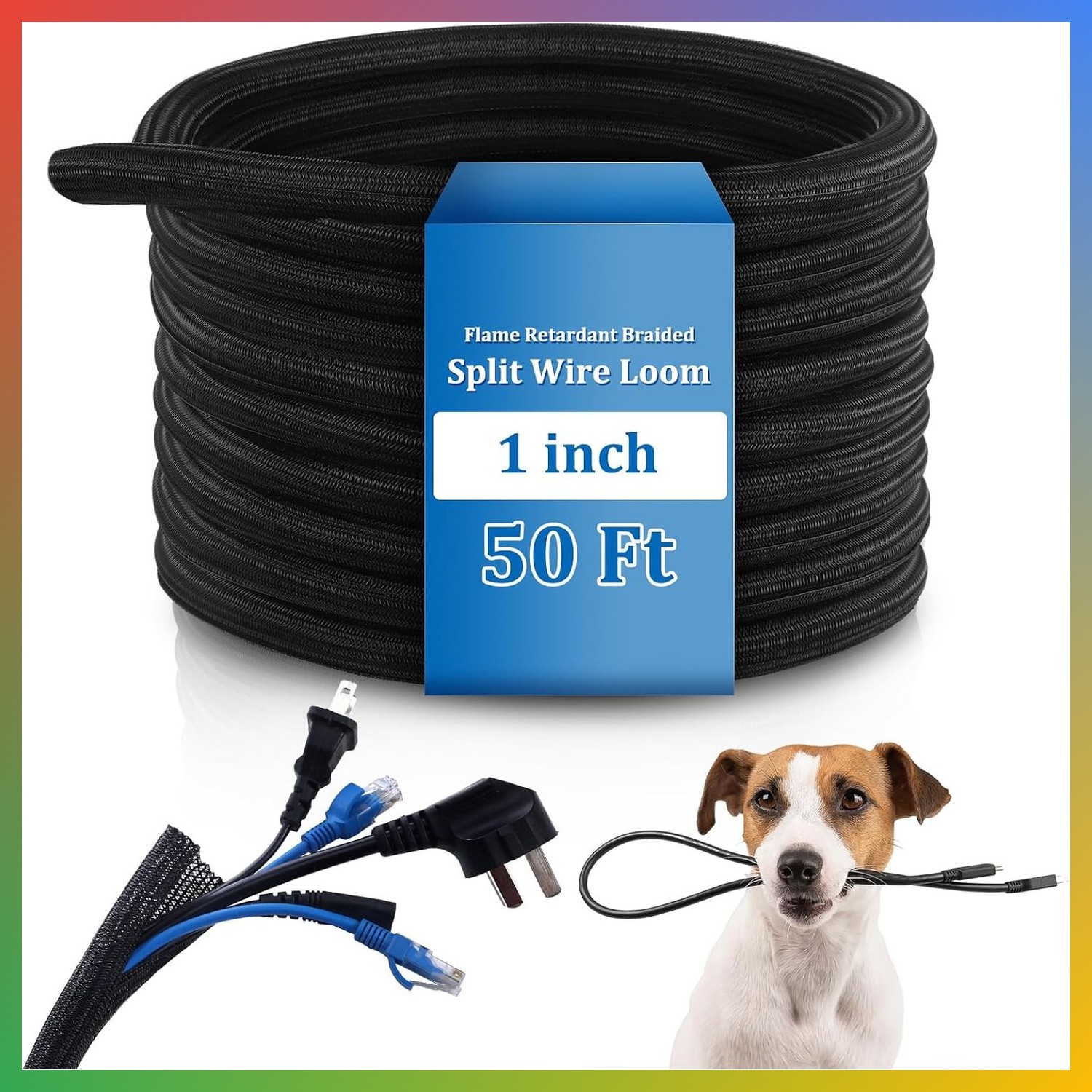 50ft 1 Inch Split Wire Loom Tubing Braided Cable Sleeve Flame Retardant