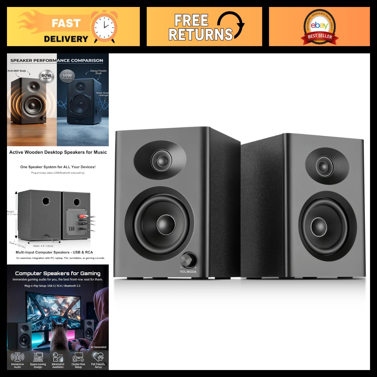 High-Quality Powered Computer Speakers for Desktop PC & Music - Black Pair